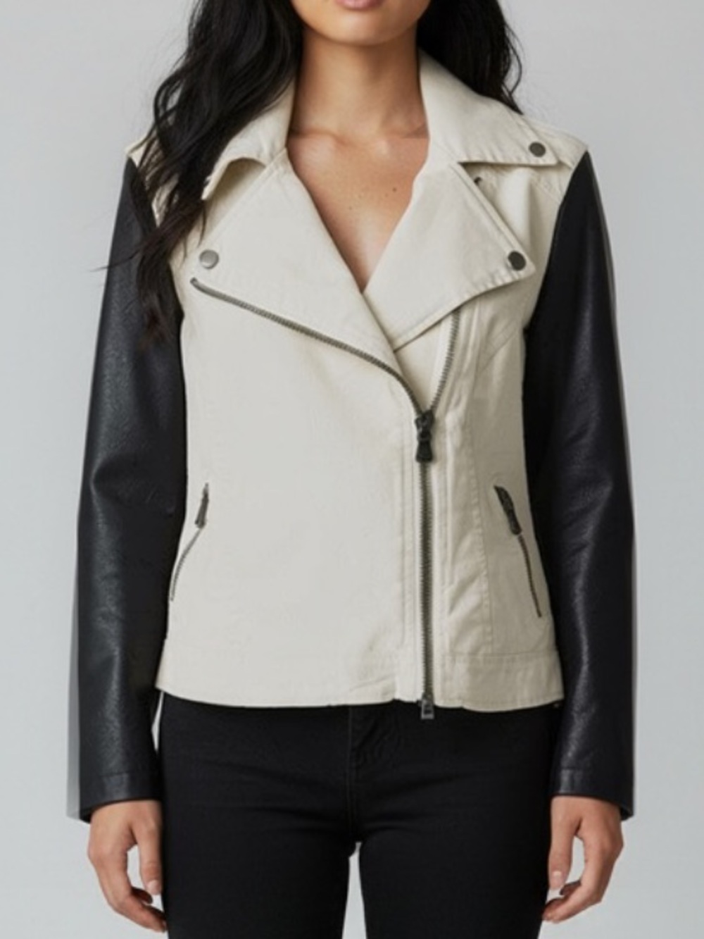 Ivory Moto Black Leather Two Tone Biker Chic Edgy Minimalist Jacket Size S - Picture 2 of 10